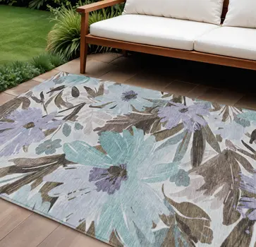 9' X 12' Taupe And Lilac Floral Washable Indoor Outdoor Area Rug