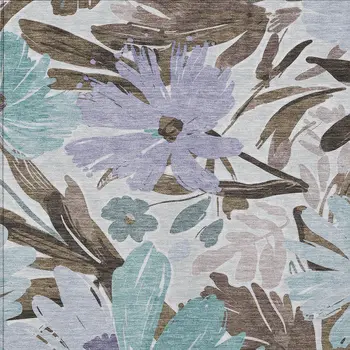 10' X 14' Taupe And Lilac Floral Washable Indoor Outdoor Area Rug