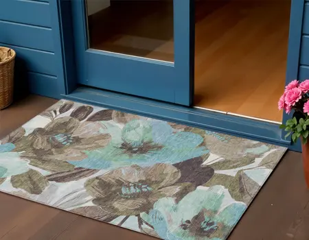 3' X 5' Khaki And Taupe Floral Washable Indoor Outdoor Area Rug