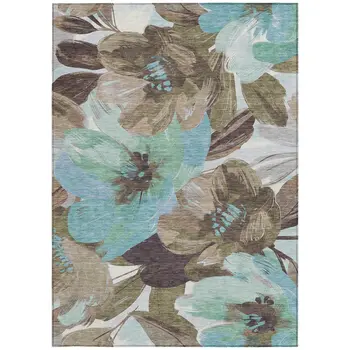 5' X 8' Khaki And Taupe Floral Washable Indoor Outdoor Area Rug