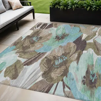 5' X 8' Khaki And Taupe Floral Washable Indoor Outdoor Area Rug