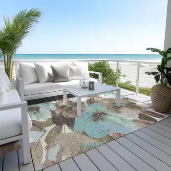 5' X 8' Khaki And Taupe Floral Washable Indoor Outdoor Area Rug