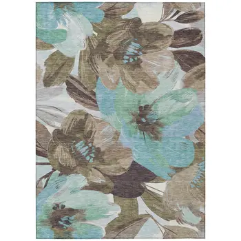 5' X 8' Khaki And Taupe Floral Washable Indoor Outdoor Area Rug