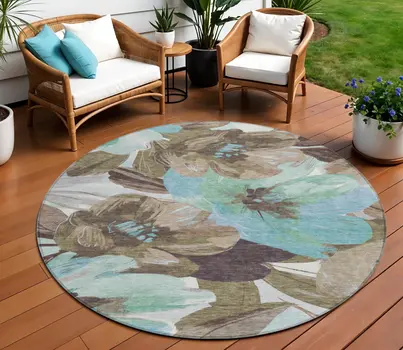 8' Khaki And Taupe Round Floral Washable Indoor Outdoor Area Rug