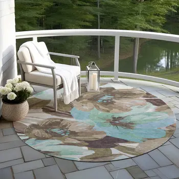 8' Khaki And Taupe Round Floral Washable Indoor Outdoor Area Rug