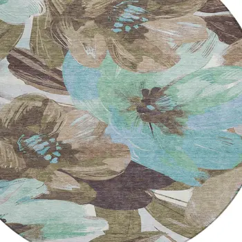 8' Khaki And Taupe Round Floral Washable Indoor Outdoor Area Rug