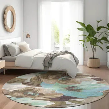 8' Khaki And Taupe Round Floral Washable Indoor Outdoor Area Rug