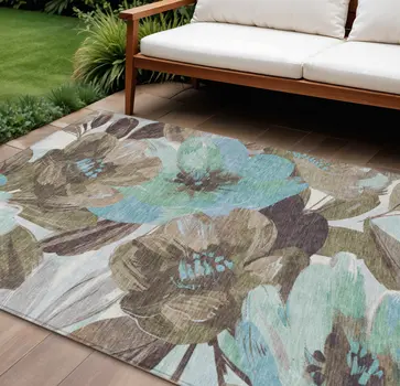 9' X 12' Khaki And Taupe Floral Washable Indoor Outdoor Area Rug