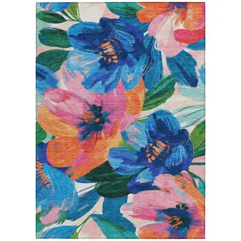 3' X 5' Navy Blue And Sky Blue Floral Washable Indoor Outdoor Area Rug