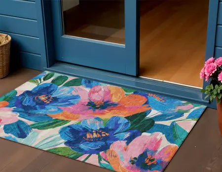 3' X 5' Navy Blue And Sky Blue Floral Washable Indoor Outdoor Area Rug