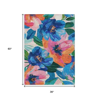 3' X 5' Navy Blue And Sky Blue Floral Washable Indoor Outdoor Area Rug