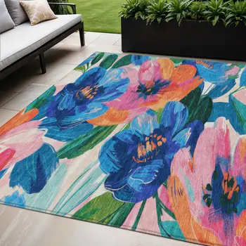 5' X 8' Navy Blue And Sky Blue Floral Washable Indoor Outdoor Area Rug