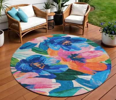 8' Navy Blue And Sky Blue Round Floral Washable Indoor Outdoor Area Rug