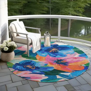 8' Navy Blue And Sky Blue Round Floral Washable Indoor Outdoor Area Rug