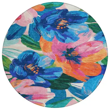 8' Navy Blue And Sky Blue Round Floral Washable Indoor Outdoor Area Rug