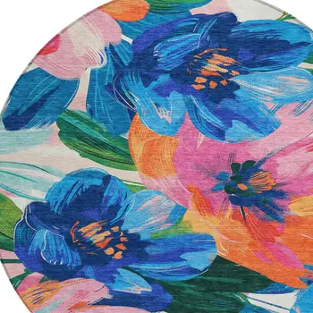 8' Navy Blue And Sky Blue Round Floral Washable Indoor Outdoor Area Rug
