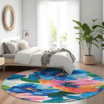 8' Navy Blue And Sky Blue Round Floral Washable Indoor Outdoor Area Rug