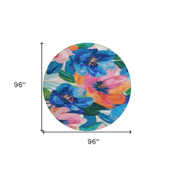 8' Navy Blue And Sky Blue Round Floral Washable Indoor Outdoor Area Rug