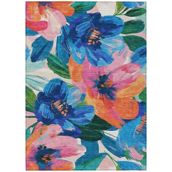 8' X 10' Navy Blue And Sky Blue Floral Washable Indoor Outdoor Area Rug