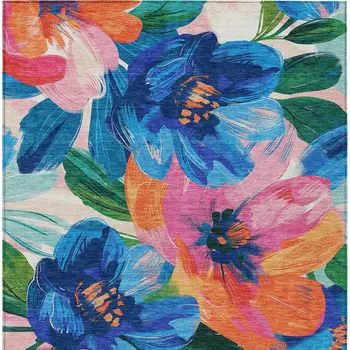 9' X 12' Navy Blue And Sky Blue Floral Washable Indoor Outdoor Area Rug