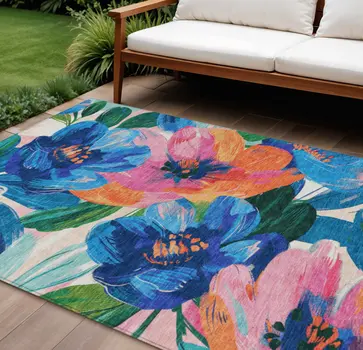9' X 12' Navy Blue And Sky Blue Floral Washable Indoor Outdoor Area Rug