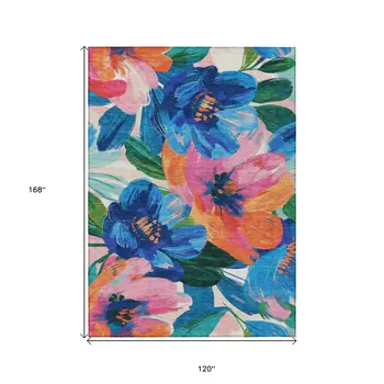 10' X 14' Navy Blue And Sky Blue Floral Washable Indoor Outdoor Area Rug