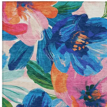 10' X 14' Navy Blue And Sky Blue Floral Washable Indoor Outdoor Area Rug