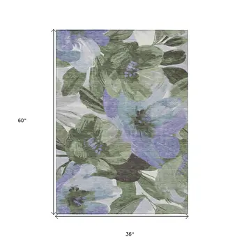 3' X 5' Olive Green And Fern Green Floral Washable Indoor Outdoor Area Rug