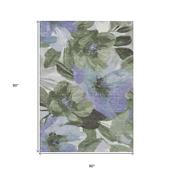 5' X 8' Olive Green And Fern Green Floral Washable Indoor Outdoor Area Rug