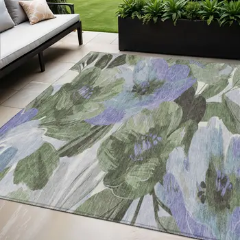 5' X 8' Olive Green And Fern Green Floral Washable Indoor Outdoor Area Rug