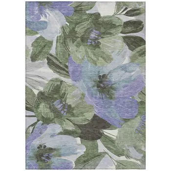 5' X 8' Olive Green And Fern Green Floral Washable Indoor Outdoor Area Rug