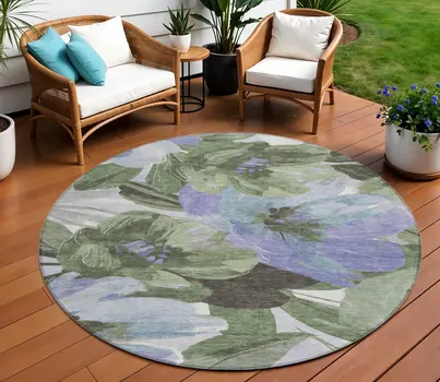 8' Olive Green And Fern Green Round Floral Washable Indoor Outdoor Area Rug