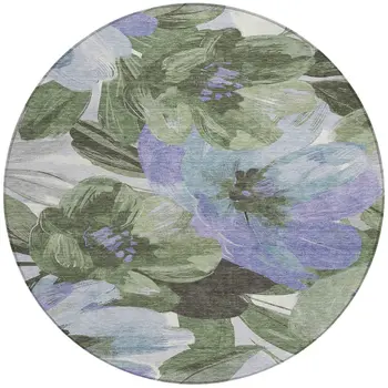 8' Olive Green And Fern Green Round Floral Washable Indoor Outdoor Area Rug