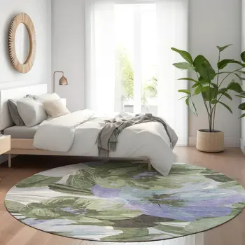 8' Olive Green And Fern Green Round Floral Washable Indoor Outdoor Area Rug
