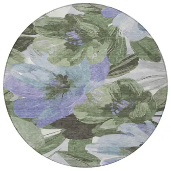 8' Olive Green And Fern Green Round Floral Washable Indoor Outdoor Area Rug