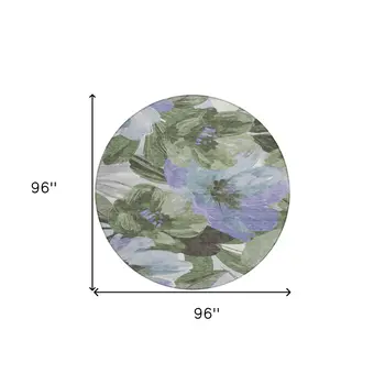 8' Olive Green And Fern Green Round Floral Washable Indoor Outdoor Area Rug