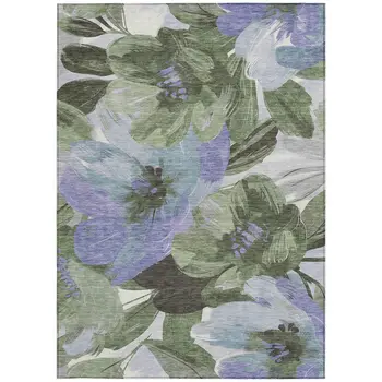 8' X 10' Olive Green And Fern Green Floral Washable Indoor Outdoor Area Rug