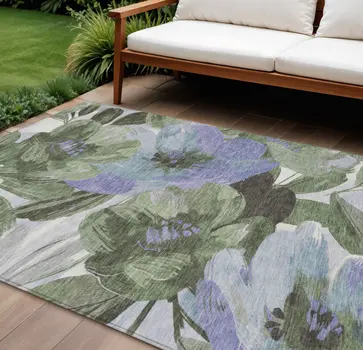 10' X 14' Olive Green And Fern Green Floral Washable Indoor Outdoor Area Rug