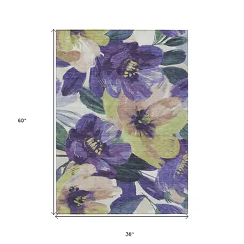 3' X 5' Purple And Lavender Floral Washable Indoor Outdoor Area Rug