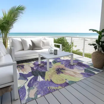 3' X 5' Purple And Lavender Floral Washable Indoor Outdoor Area Rug