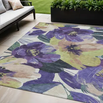 5' X 8' Purple And Lavender Floral Washable Indoor Outdoor Area Rug