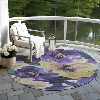 8' Purple And Lavender Round Floral Washable Indoor Outdoor Area Rug