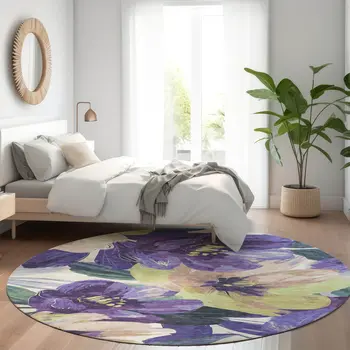 8' Purple And Lavender Round Floral Washable Indoor Outdoor Area Rug