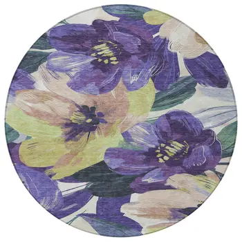 8' Purple And Lavender Round Floral Washable Indoor Outdoor Area Rug
