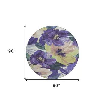 8' Purple And Lavender Round Floral Washable Indoor Outdoor Area Rug