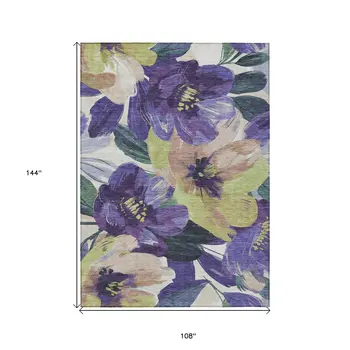 9' X 12' Purple And Lavender Floral Washable Indoor Outdoor Area Rug