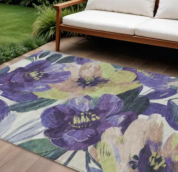 10' X 14' Purple And Lavender Floral Washable Indoor Outdoor Area Rug