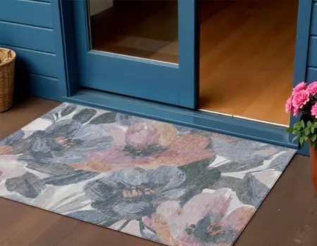 3' X 5' Pewter And Gray Floral Washable Indoor Outdoor Area Rug