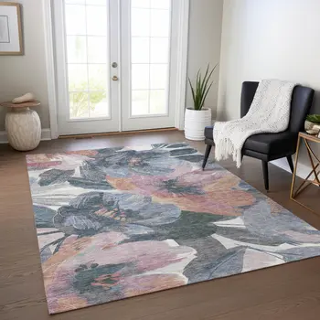 3' X 5' Pewter And Gray Floral Washable Indoor Outdoor Area Rug