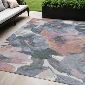 5' X 8' Pewter And Gray Floral Washable Indoor Outdoor Area Rug